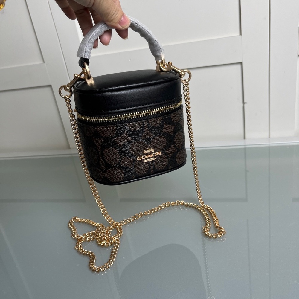 Coach Brown/Black Signature Mini Vanity Crossbody with Gold Chain - Picture 7 of 8